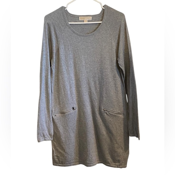 Michael Kors Long Sleeve Knee Length Gray Pencil Sweater Dress w/ Scoop Neck L - Picture 1 of 7